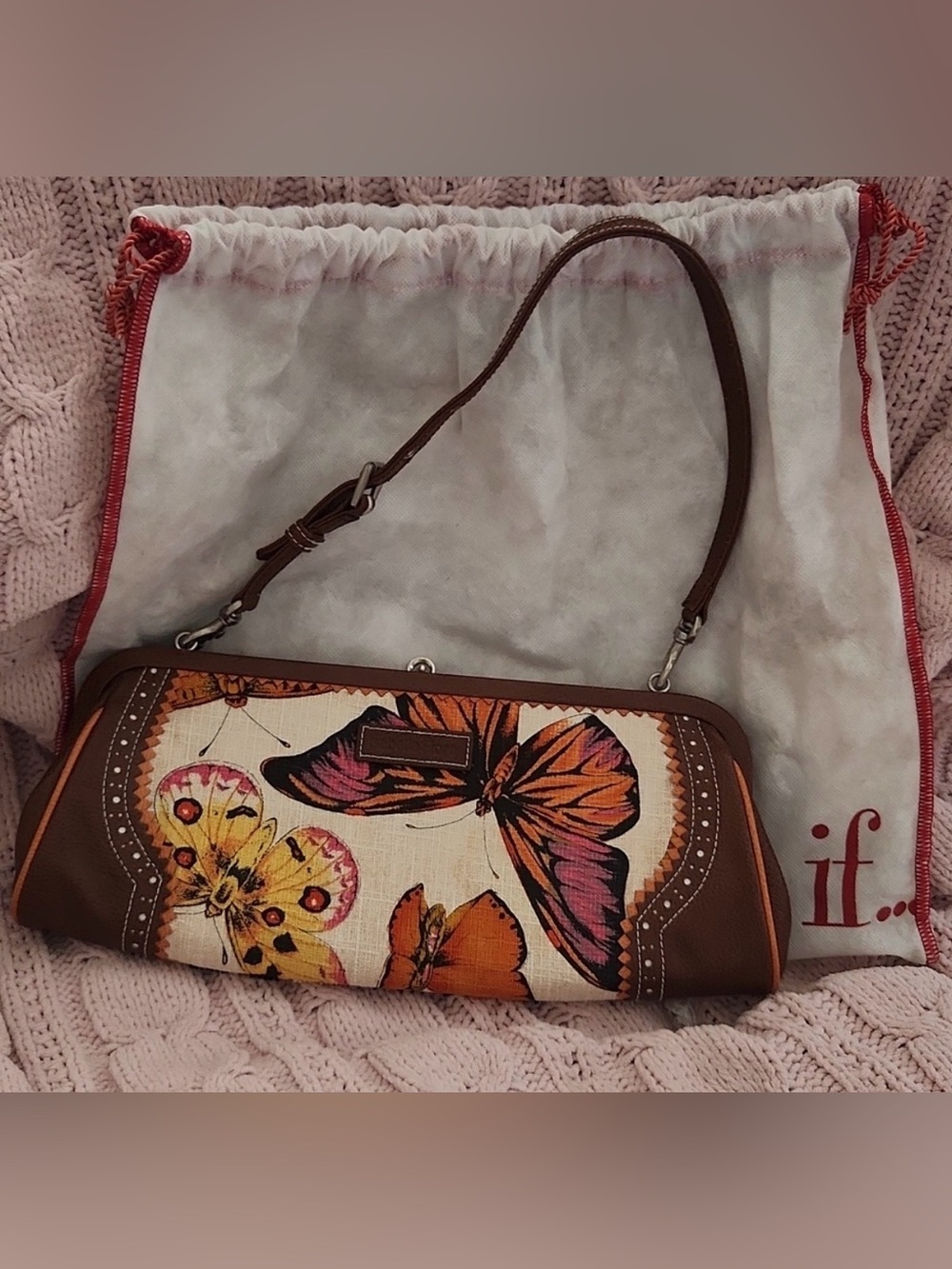 Isabella Fiore leather, linen and beaded butterfly clutch